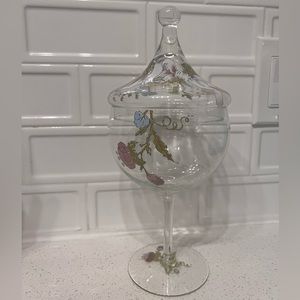 Dorothy Thorpe Glass dish with lid Colorful wild flowers apothecary jar compote